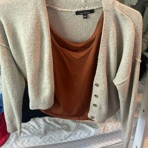 Tan Buttoned Cardigan, With Orange Thick Straped Tank Top